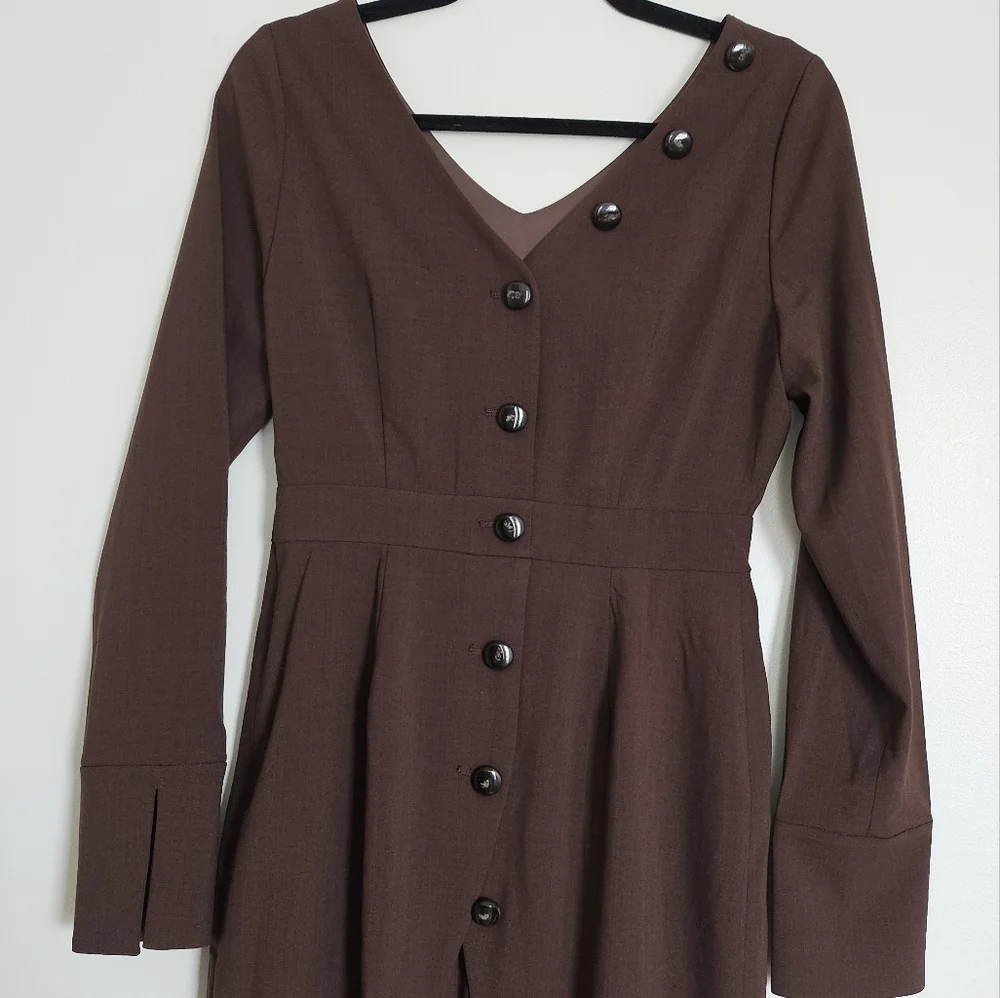 Rienda Japan Onee Gyaru Fitted Brown Dress Back Buttons And Pleated Panel - Picture 8 of 16
